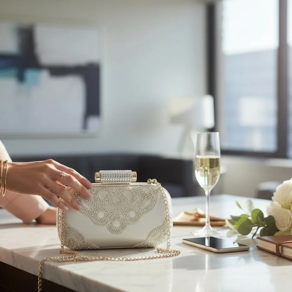 Badgley Mischka Off White Satin Rhinestone Clutch Evening Handbag Chain - Picture 6 of 16